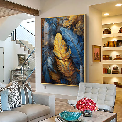 Blue & Yellow Feathers Premium Acrylic Vertical Wall Art