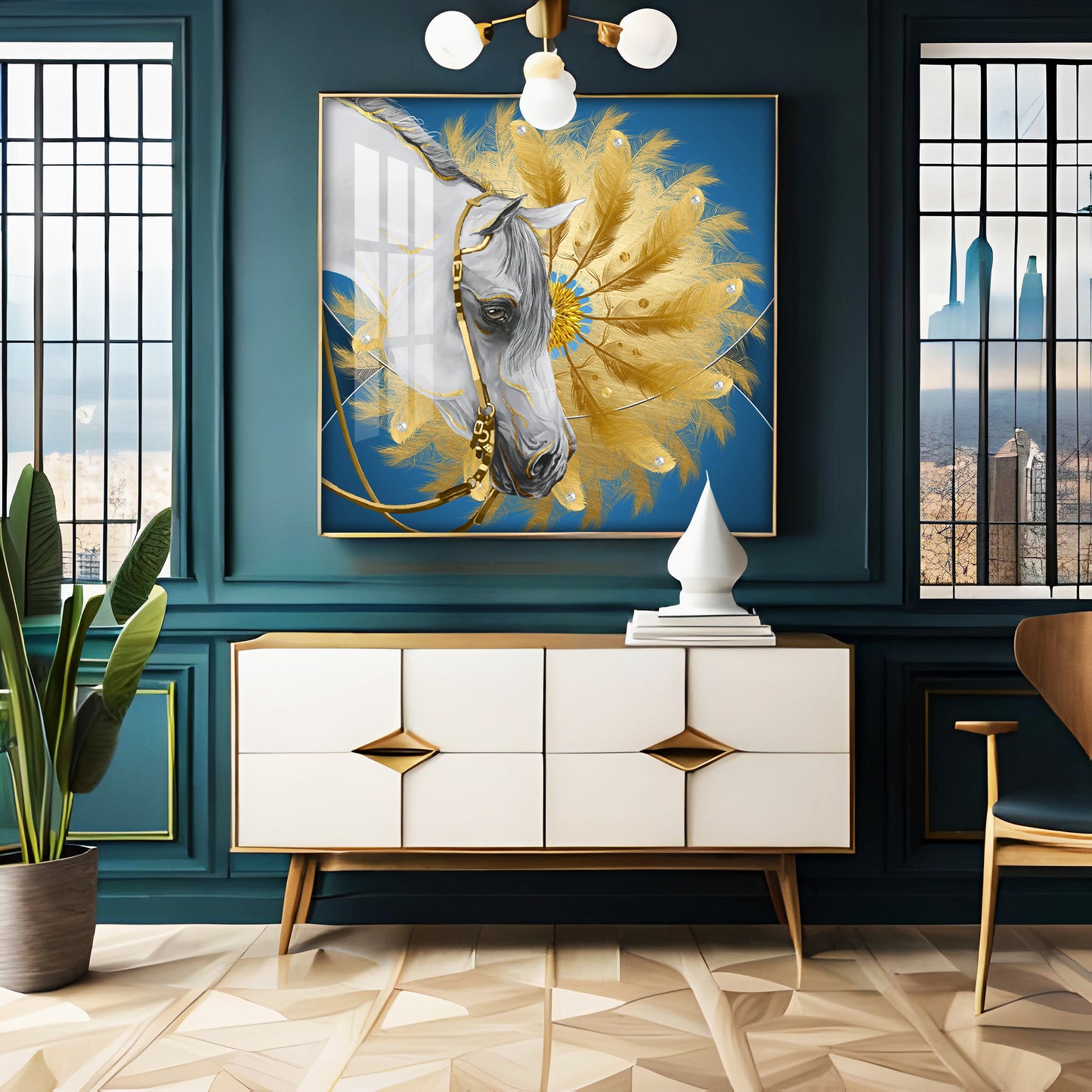 White Horse With Golden chakra Premium Acrylic Square Wall Art
