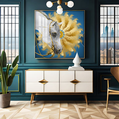 White Horse With Golden chakra Premium Acrylic Square Wall Art