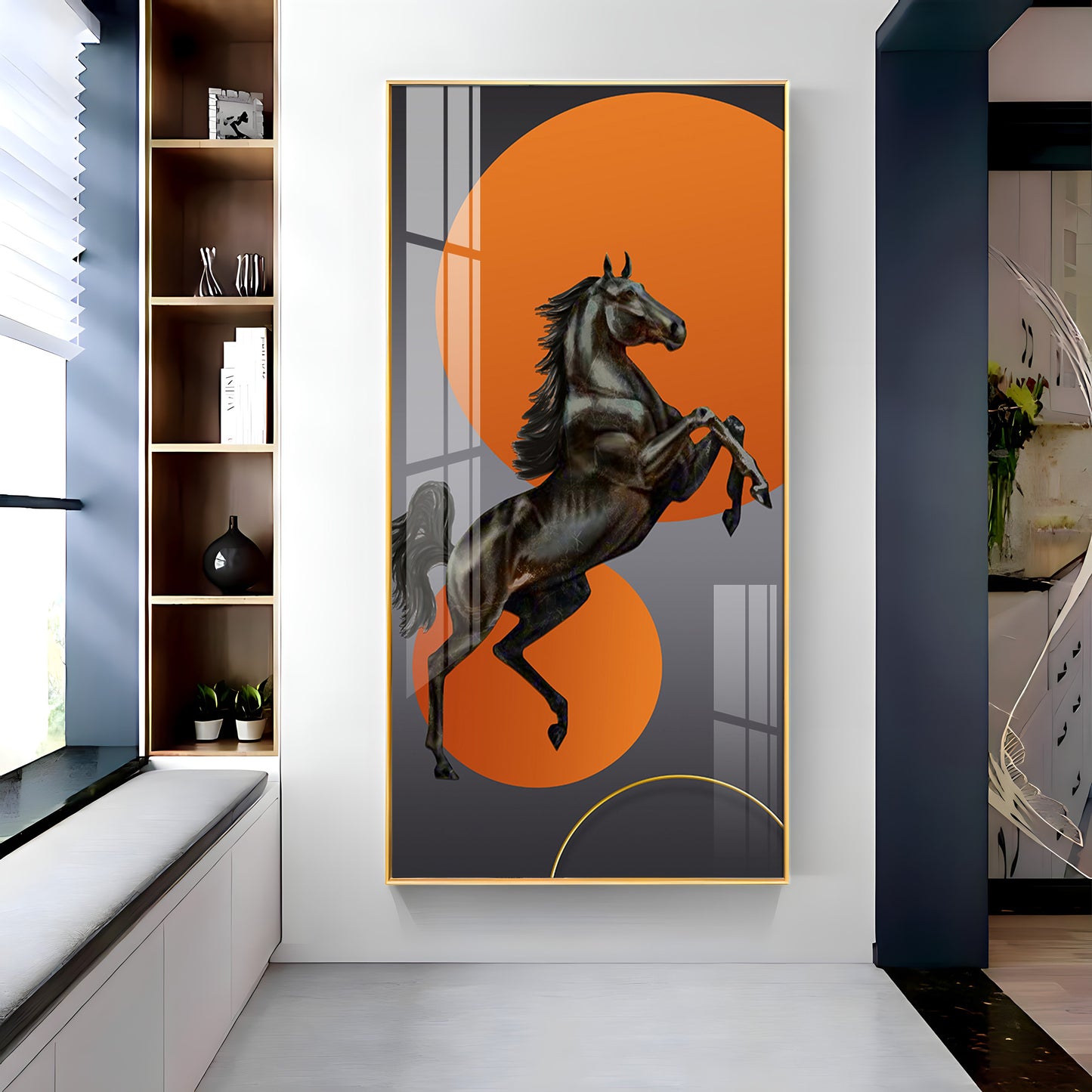 Black Horse With Vibrant Orange Background Premium Acrylic Vertical Wall Art