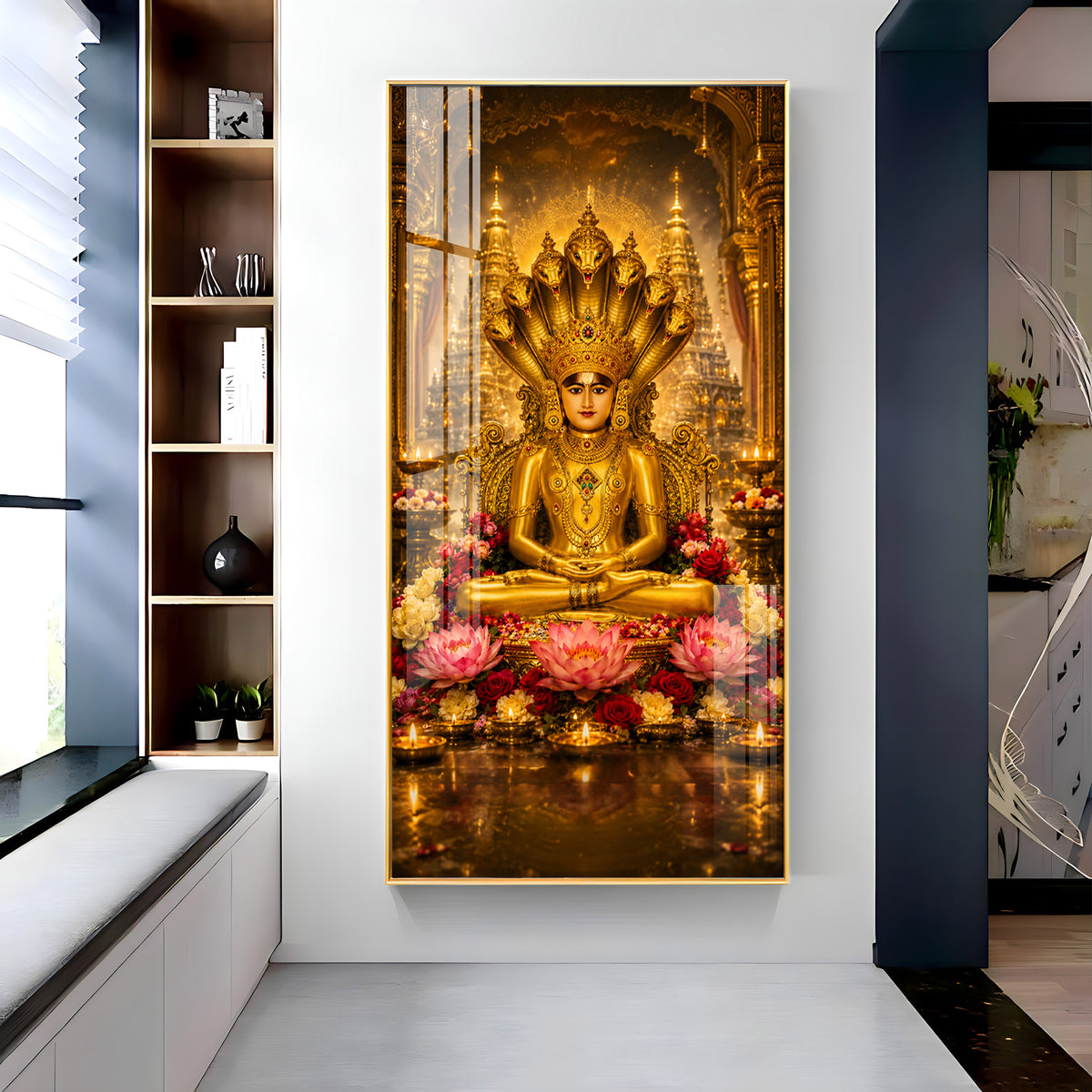 Divine Lord Parshvanath Golden Idol Lotus Premium Acrylic Vertical Wall Art