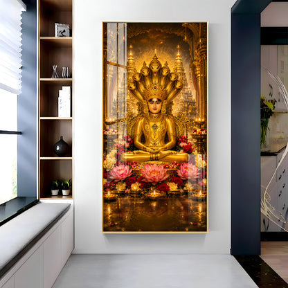 Divine Lord Parshvanath Golden Idol Lotus Premium Acrylic Vertical Wall Art