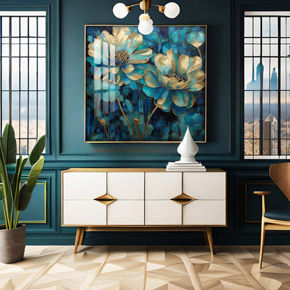 Flowers With Gold & Blue Leaves Premium Acrylic Square Wall Art