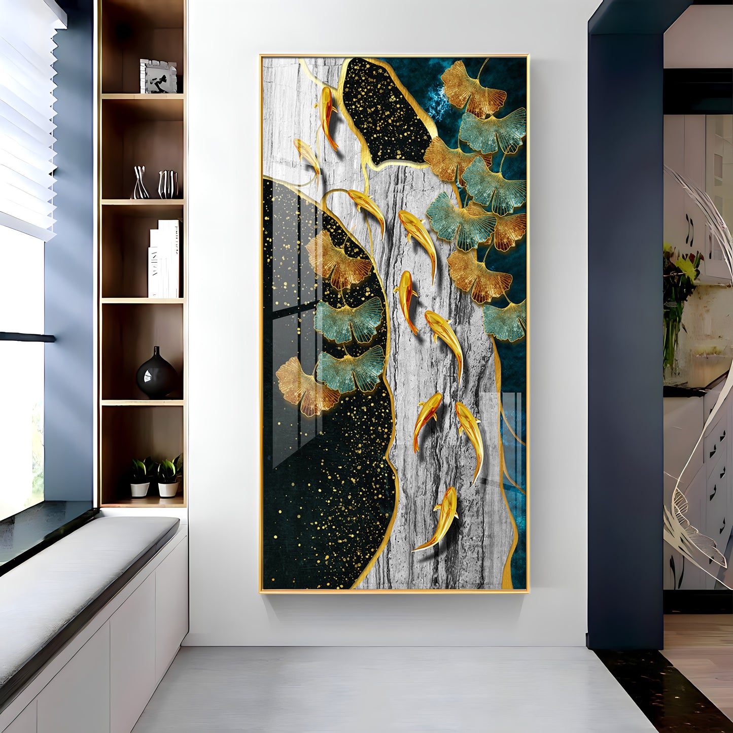 Gold Fish & Feathers Premium Acrylic Vertical Wall Art