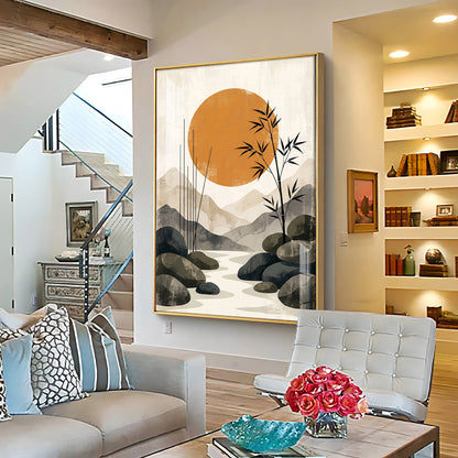 Colored Sun & Bamboo Branches Premium Acrylic Vertical Wall Art