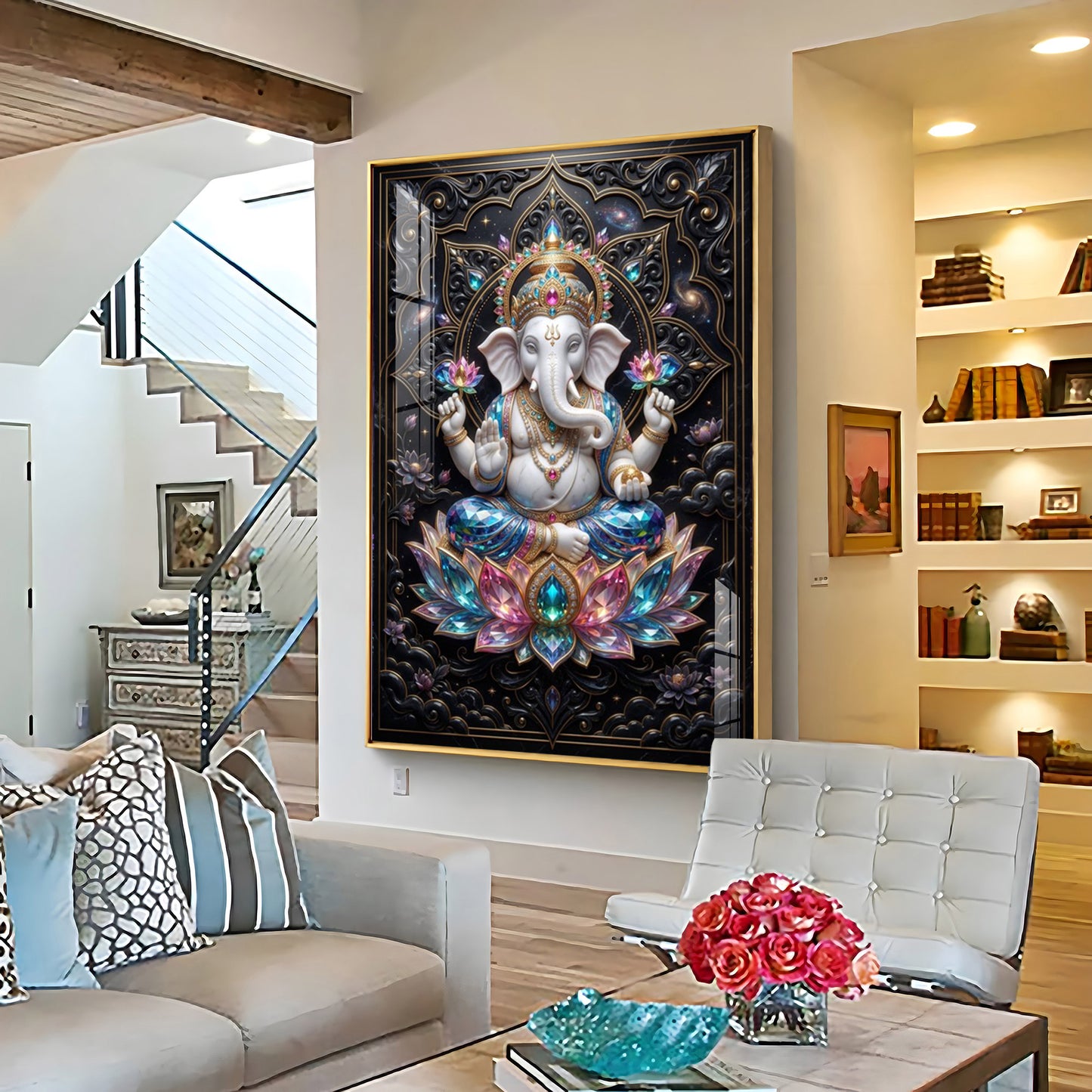Lord Ganesha Seated On A Lotus Throne Premium Acrylic Vertical Wall Art
