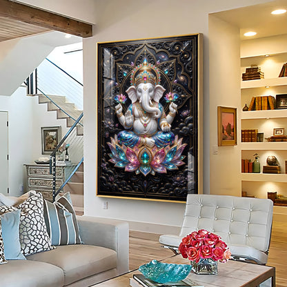 Lord Ganesha Seated On A Lotus Throne Premium Acrylic Vertical Wall Art