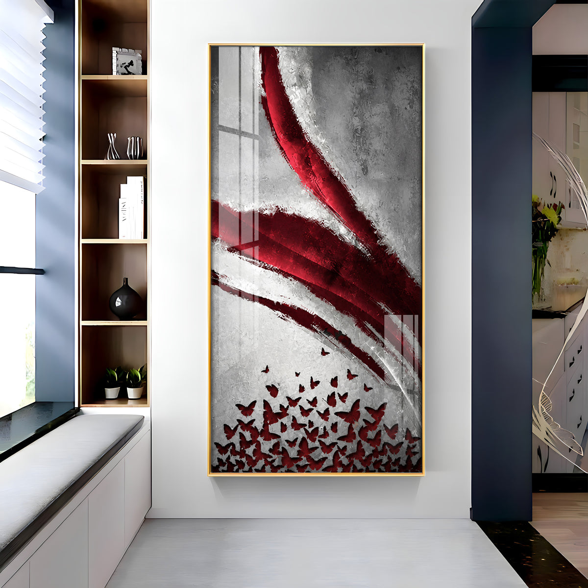 Red Crimson Swirl and Butterfly Premium Acrylic Vertical Wall Art