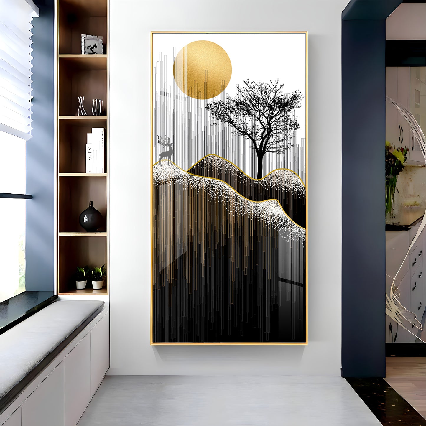 Gold Moon Stylized Black Tree Premium Acrylic Vertical Wall Art