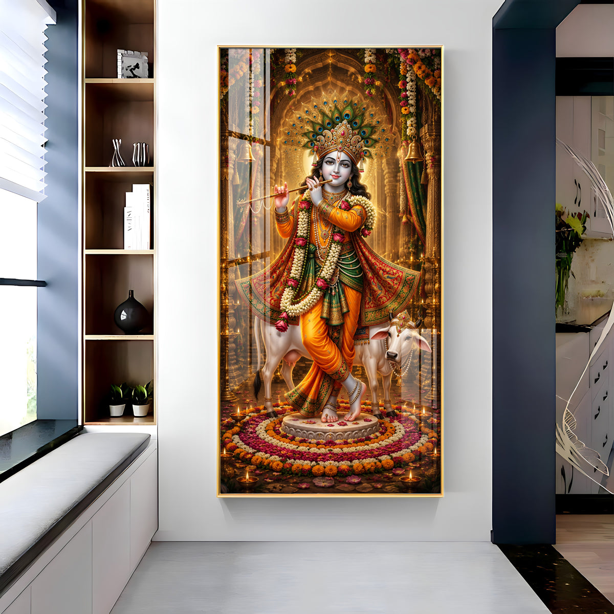 Divine Lord Krishna with Kamadhenu Cow Premium Acrylic Vertical Wall Art