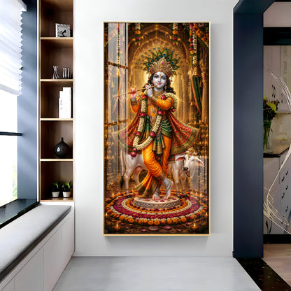 Divine Lord Krishna with Kamadhenu Cow Premium Acrylic Vertical Wall Art