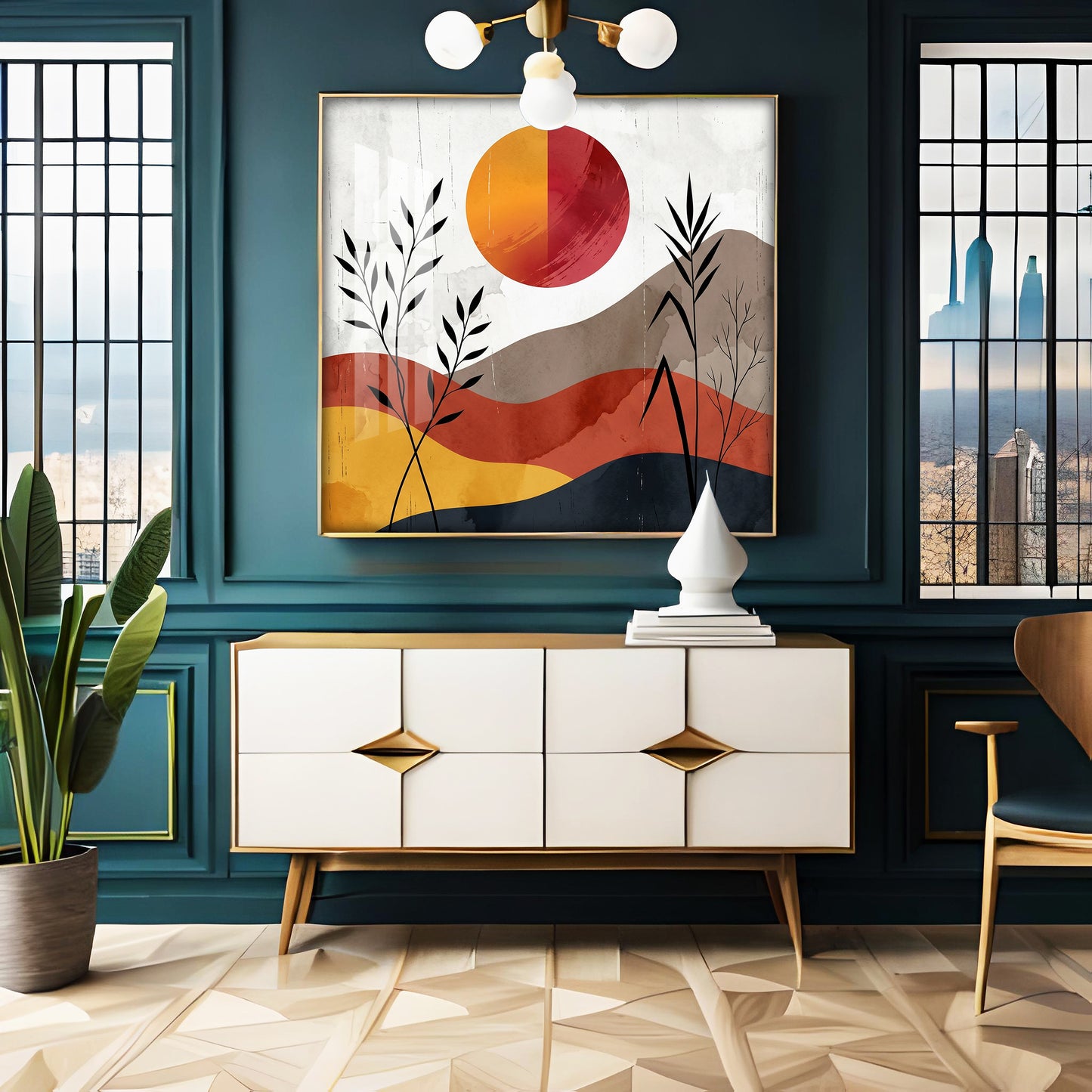 Earth-Toned Hills & Split-Color Sun Premium Acrylic Square Wall Art