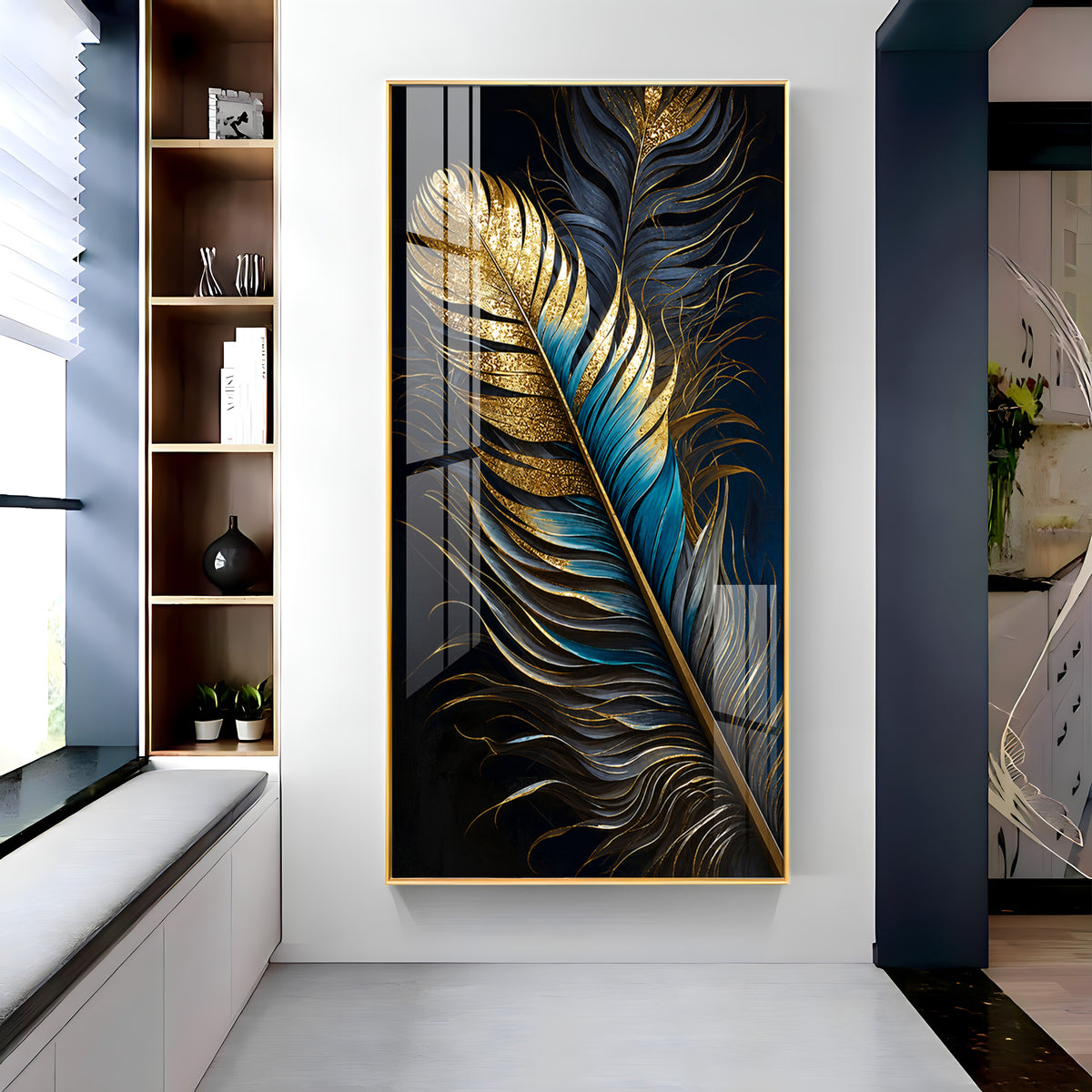Luxurious Golden & Blue Feathers Premium Acrylic Vertical Wall Art