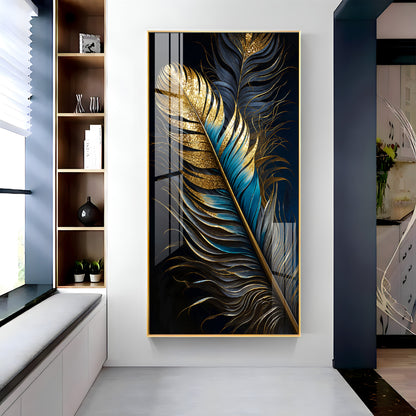 Luxurious Golden & Blue Feathers Premium Acrylic Vertical Wall Art