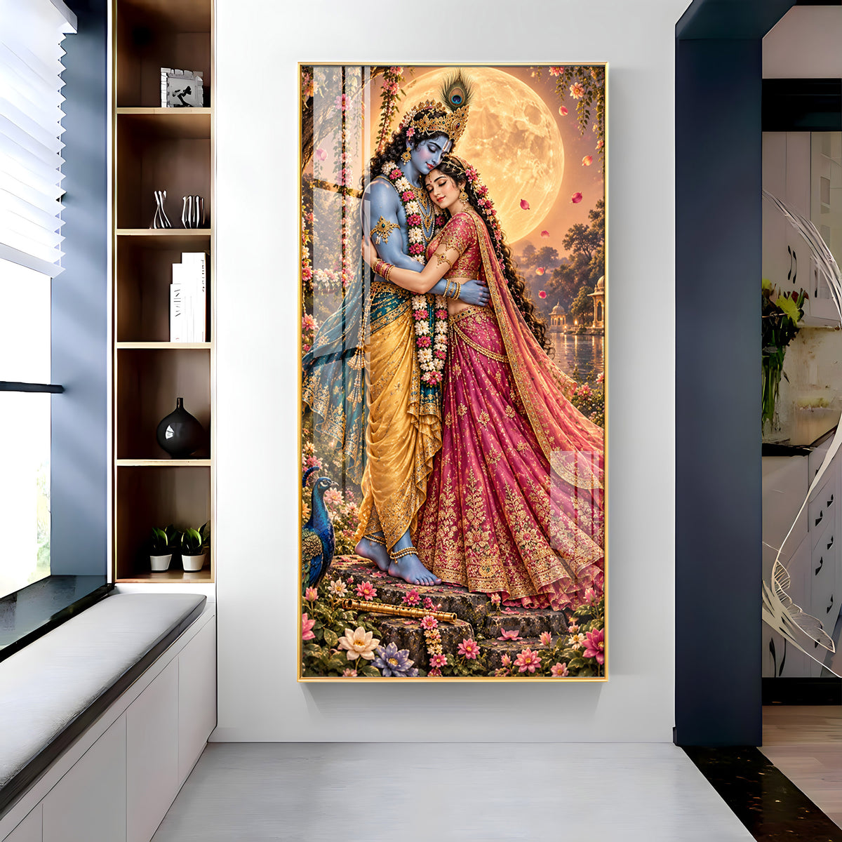 Shri Krishna and Radha in Night Glow Premium Acrylic Vertical Wall Art