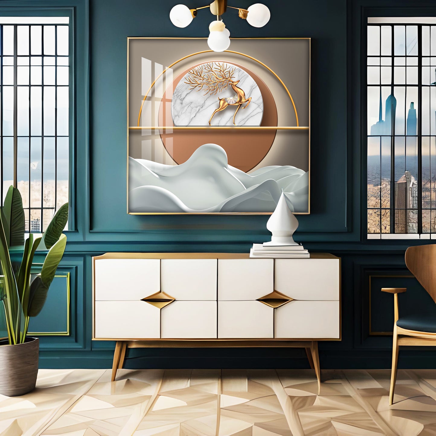 Modern Golden Deer Premium Acrylic Square Wall Art