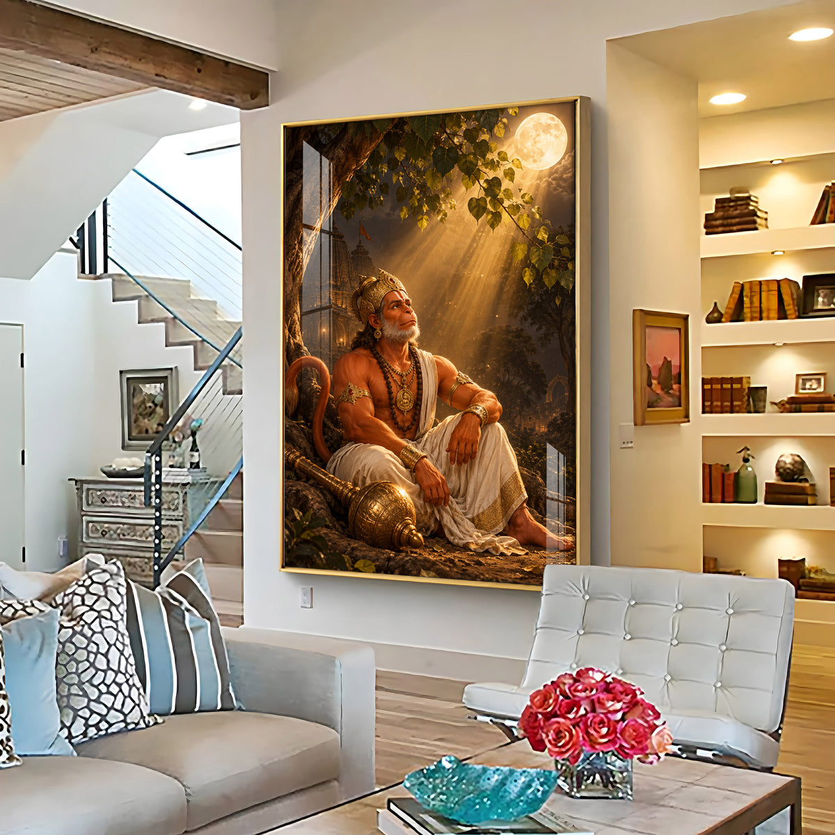 Lord Hanuman Under The Tree Premium Acrylic Vertical Wall Art