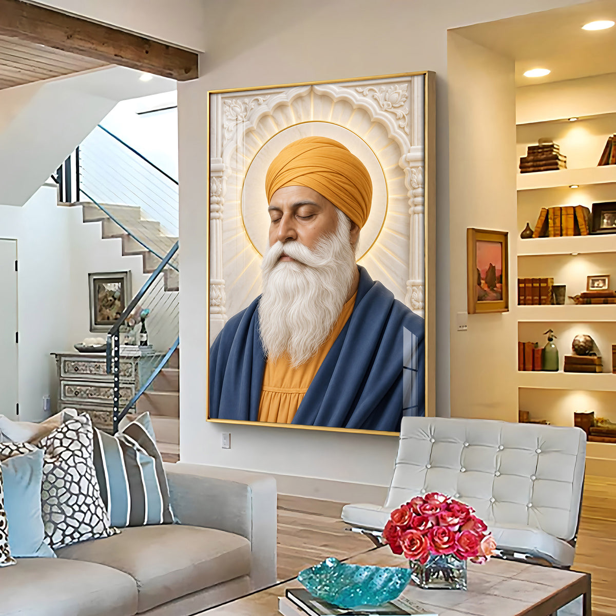 Guru Nanak Devji in Yellow Turban Premium Acrylic Vertical Wall Art