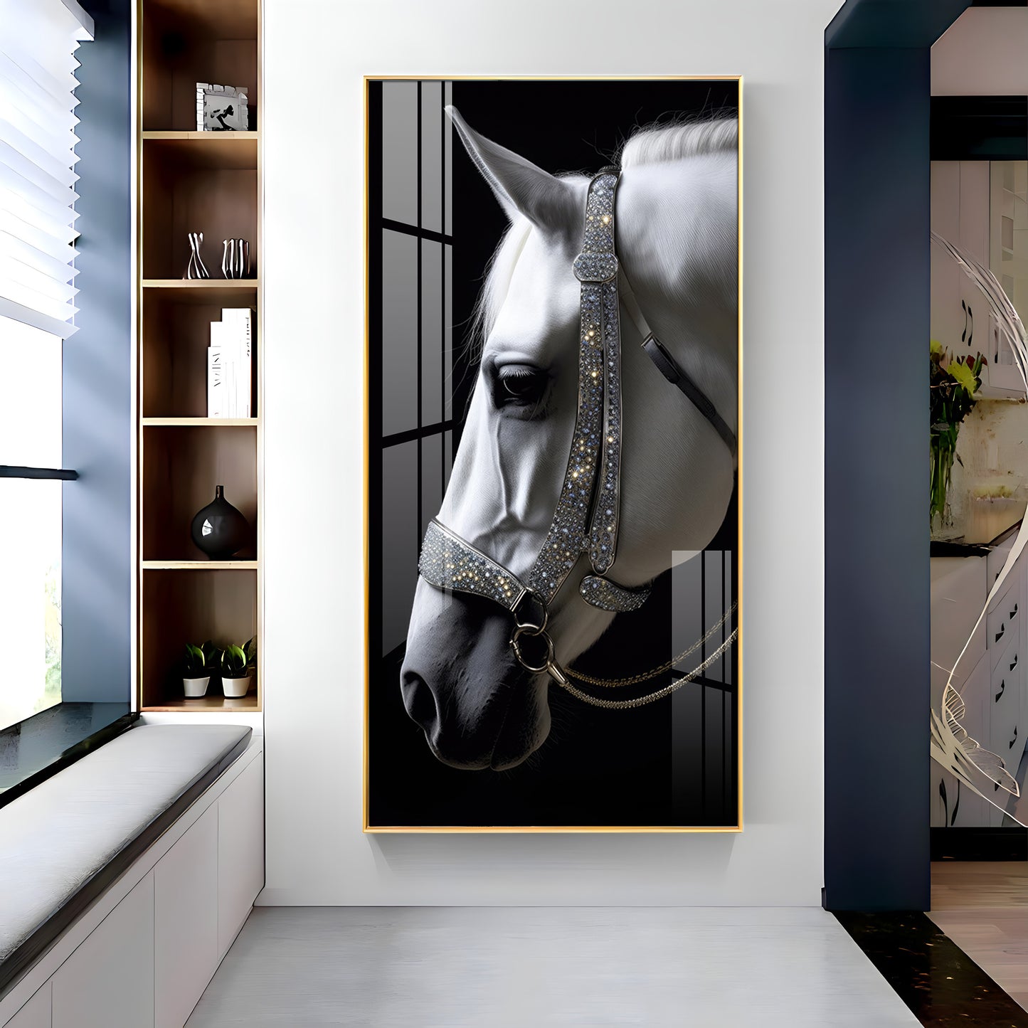 White Horse With Black Background Premium Acrylic Vertical Wall Art