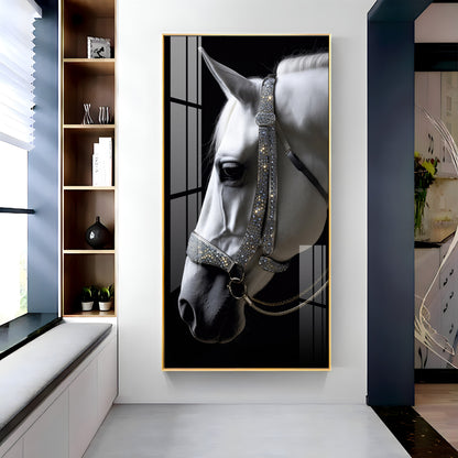 White Horse With Black Background Premium Acrylic Vertical Wall Art
