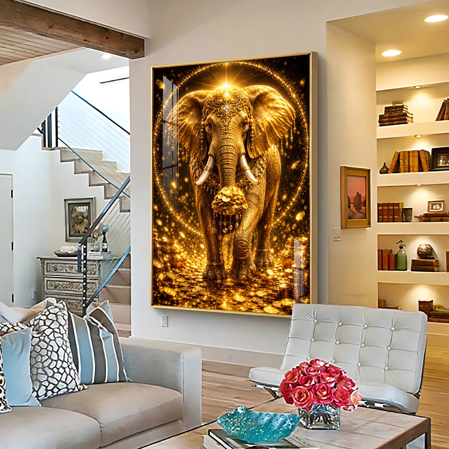 Golden Elephant Premium Acrylic Vertical Wall Art