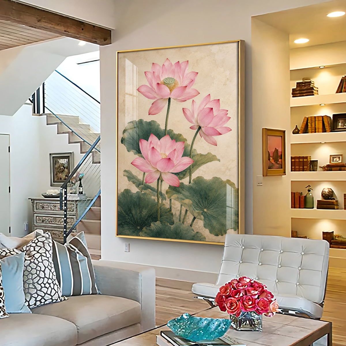 Elegant Vintage Botanical Pink Lotus Premium Acrylic Vertical Wall Art