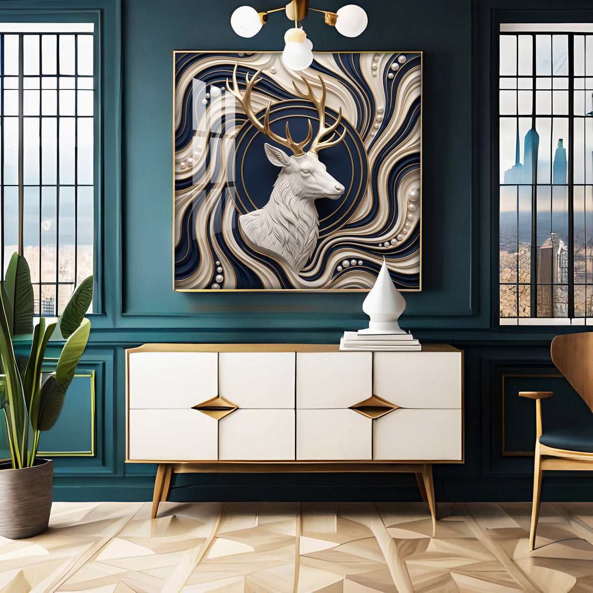 White Stag With Golden Antlers Luxury 3D Premium Acrylic Sqaure Wall Art