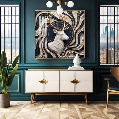 White Stag With Golden Antlers Luxury 3D Premium Acrylic Sqaure Wall Art