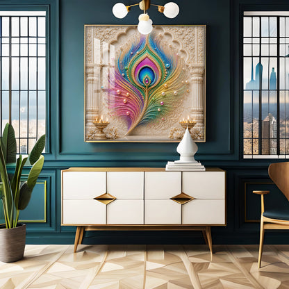 Colorful Peacock Feather Premium Acrylic Square Wall Art