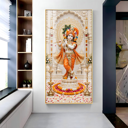 Shri Krishna In Orange Poshak Premium Acrylic Vertical Wall Art