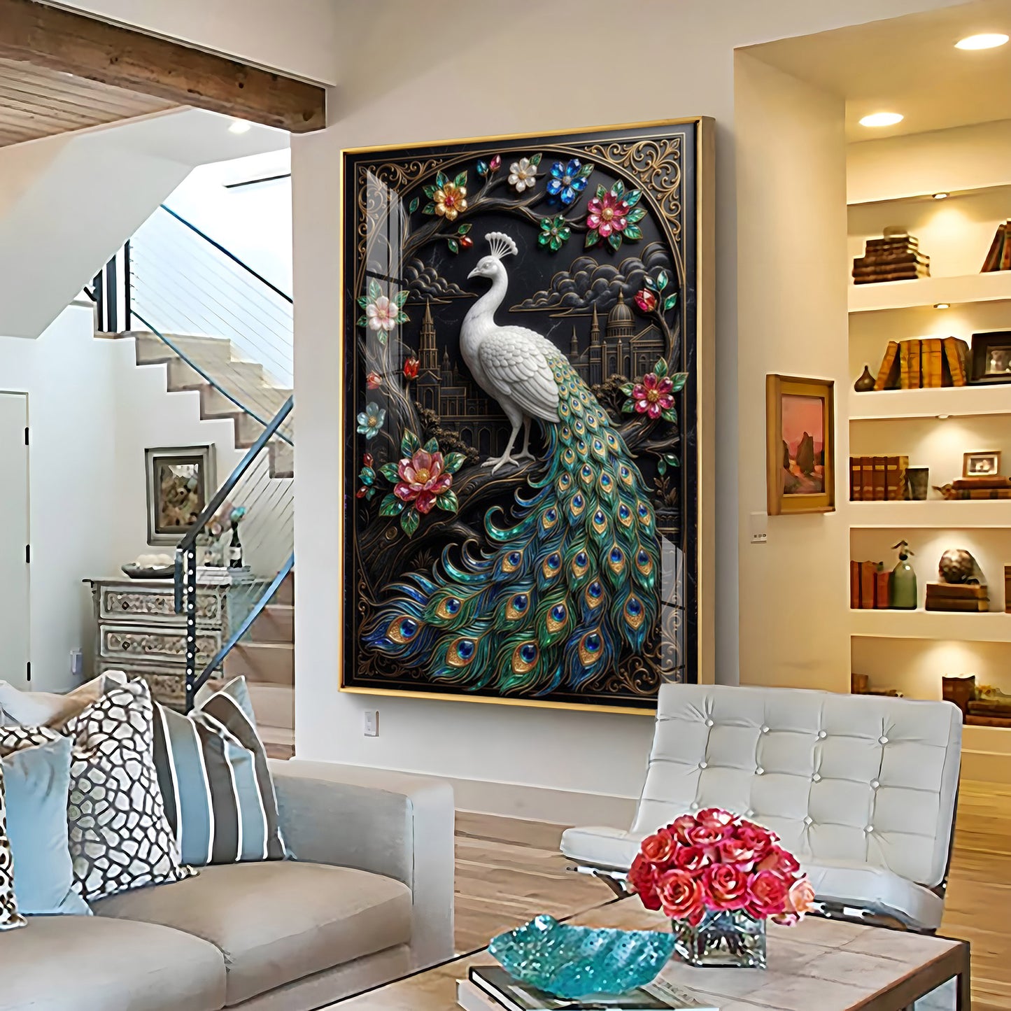 Peacock With Flowers Premium Acrylic Vertical Wall Art