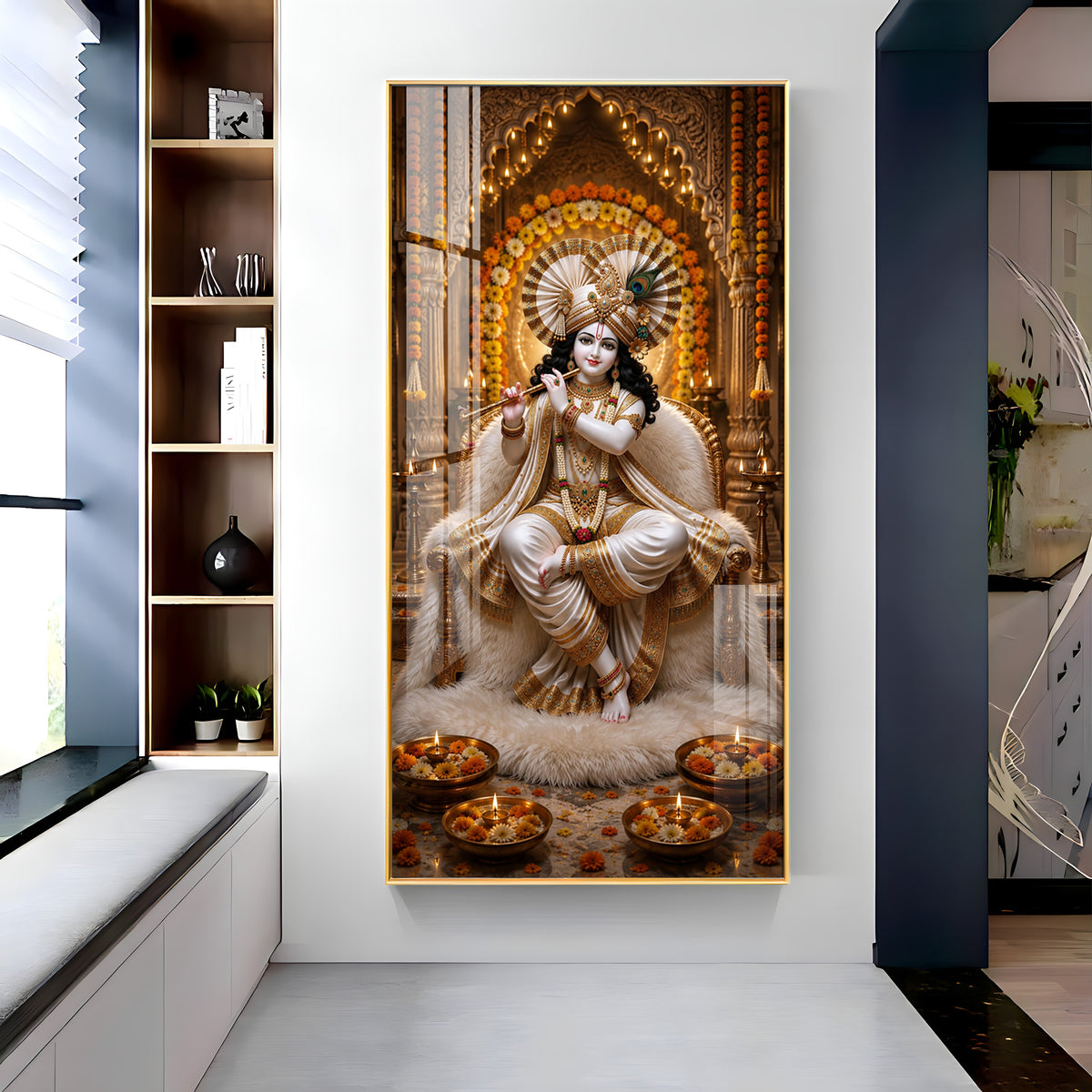 Sacred Lord Krishna Flute Playing Divine Sanctuary Premium Acrylic Vertical Wall Art