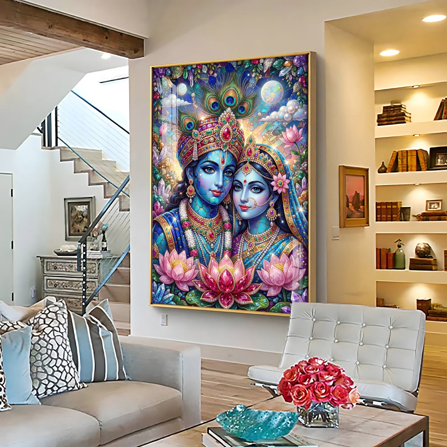 Radha Krishna With Blooming Lotus Flowers Premium Acrylic Vertical Wall Art