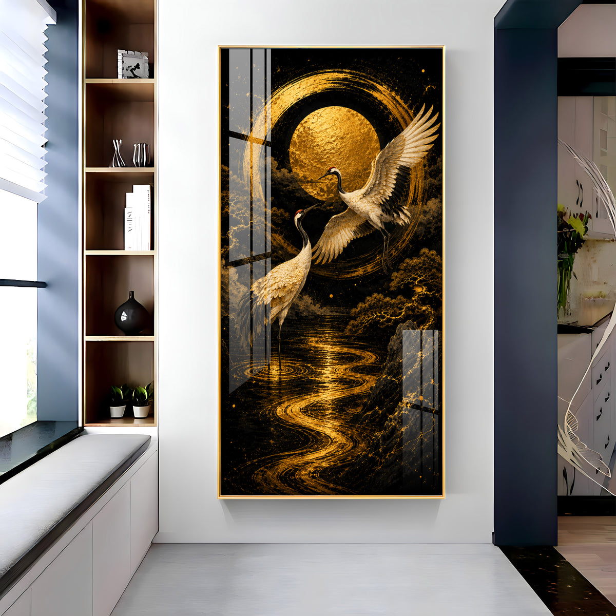 Golden Cranes & Moon Minimalist Zen Premium Acrylic Vertical Wall Art