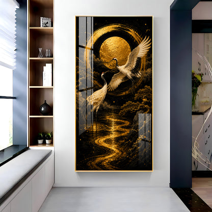 Golden Cranes & Moon Minimalist Zen Premium Acrylic Vertical Wall Art
