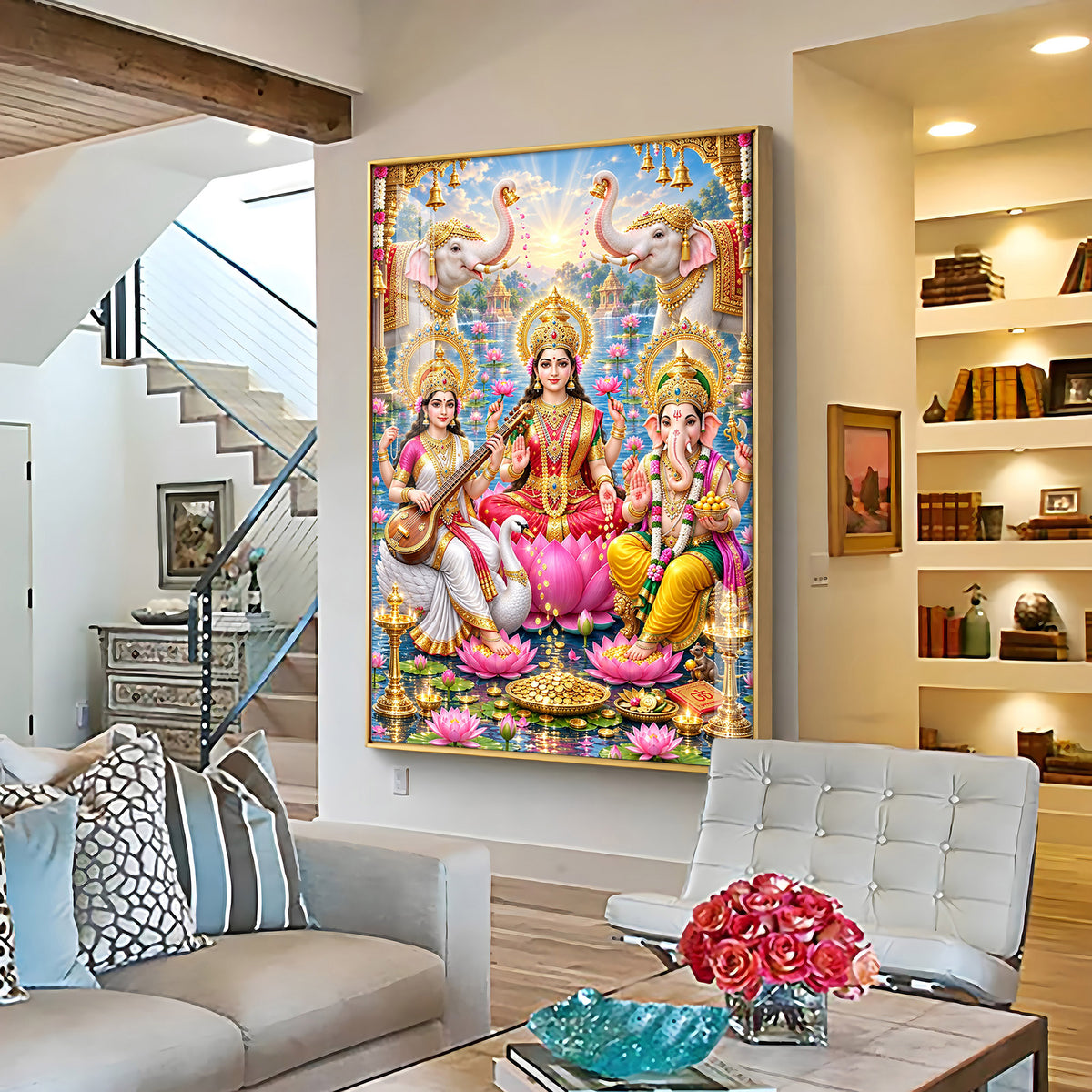 Lord Ganesh, Maa Laxmi & Maa Saraswati Premium Acrylic Vertical Wall Art