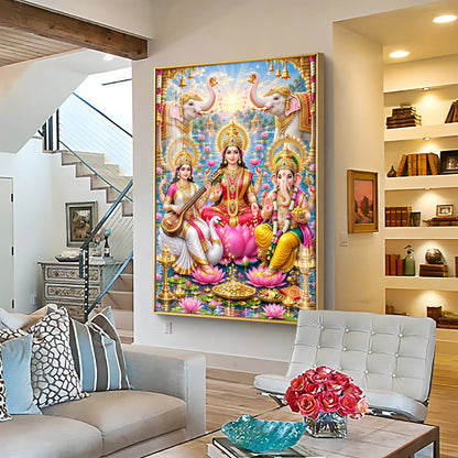 Lord Ganesh, Maa Laxmi & Maa Saraswati Premium Acrylic Vertical Wall Art