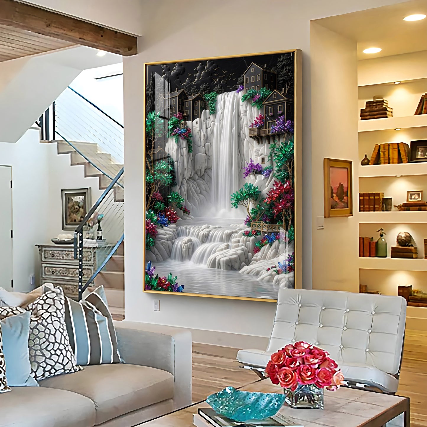 Waterfall Surrounded By Houses Premium Acrylic Vertical Wall Art