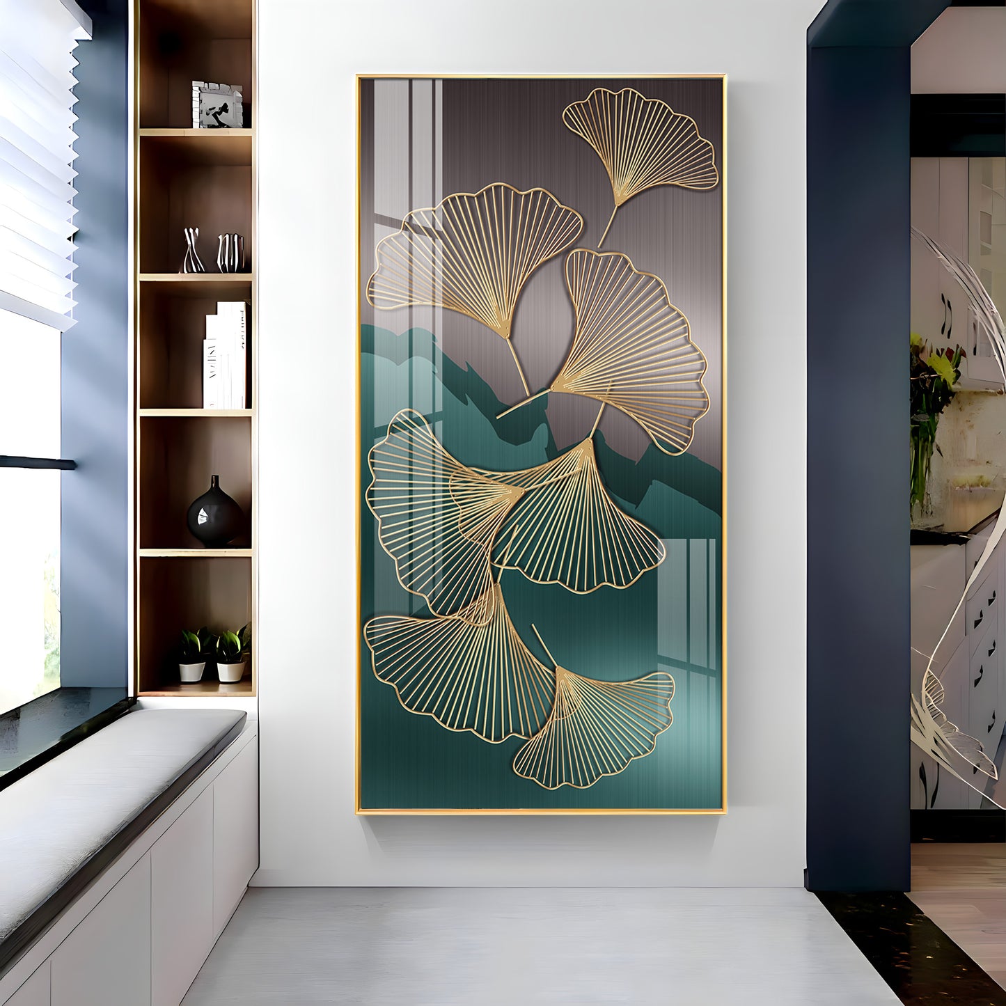 Golden Ginkgo Leaves With Dark green Premium Acrylic Vertical Wall Art