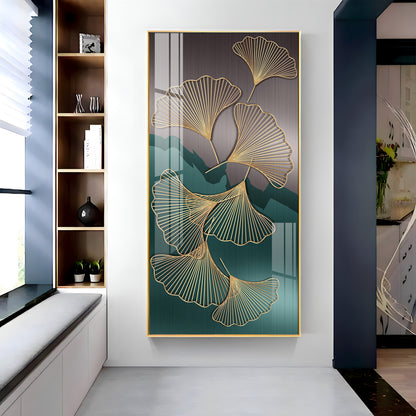 Golden Ginkgo Leaves With Dark green Premium Acrylic Vertical Wall Art