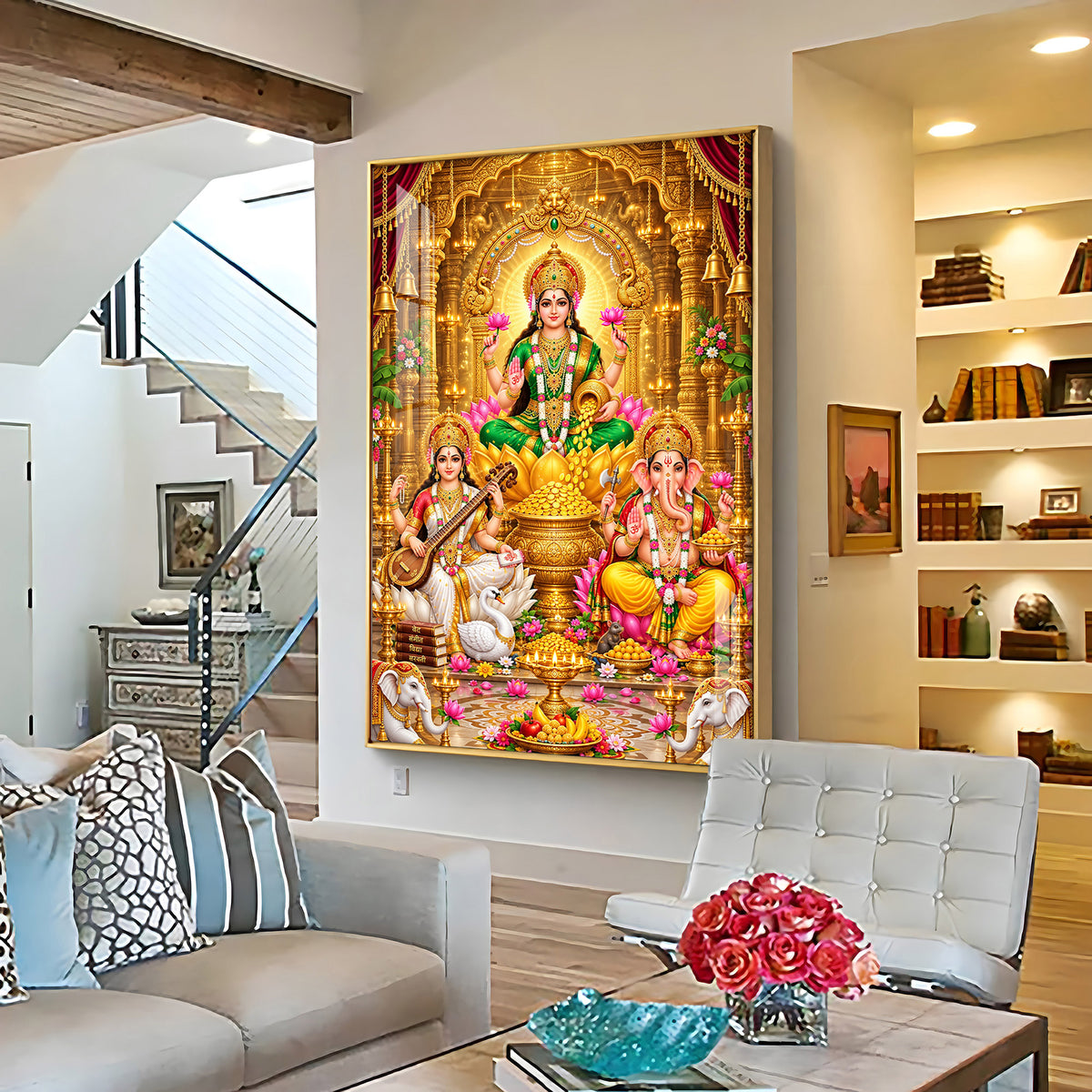 Divine Maa Laxmi, Maa Saraswati & Ganesh Ji Premium Acrylic Vertical Wall Art