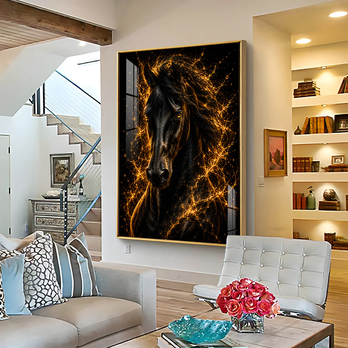 Fiery Golden Black Stallion Premium Acrylic Vertical Wall Art