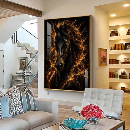 Fiery Golden Black Stallion Premium Acrylic Vertical Wall Art