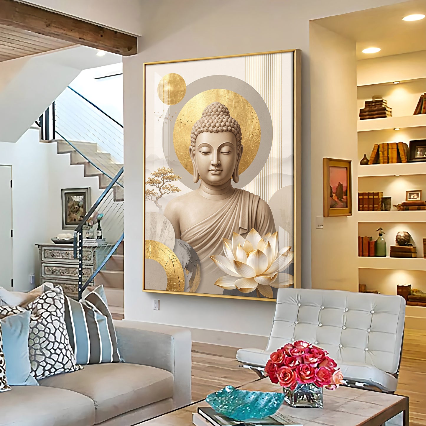 Tranquil Lord Buddha With Golden Halo & Lotus Abstract Premium Acrylic Wall art
