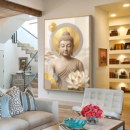 Tranquil Lord Buddha With Golden Halo & Lotus Abstract Premium Acrylic Wall art