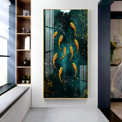Golden Koi Fishes in Greenery Premium Acrylic Vertical Wall Art