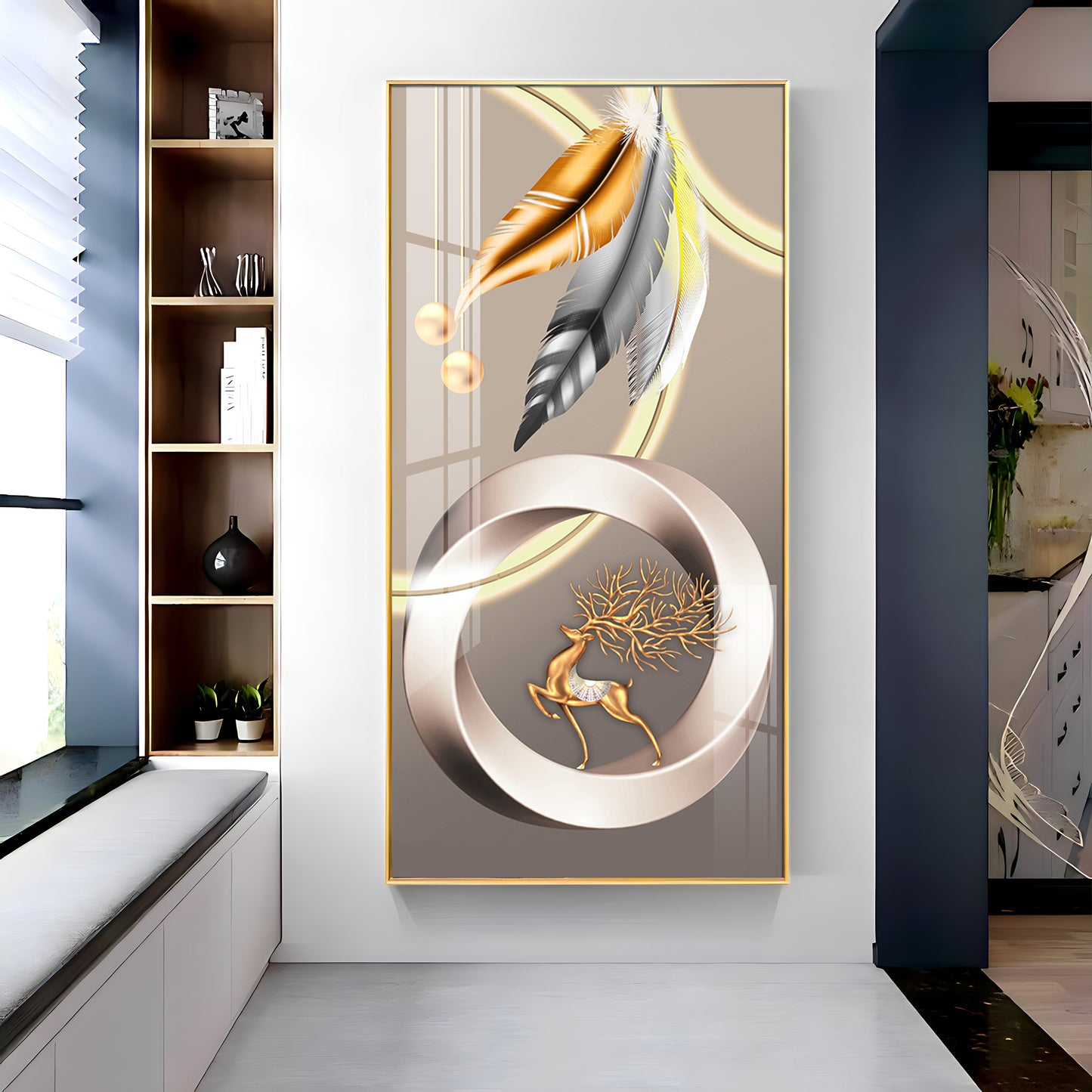 Deer With Gold & Silver Feather Premium Acrylic Vertical Wall Art