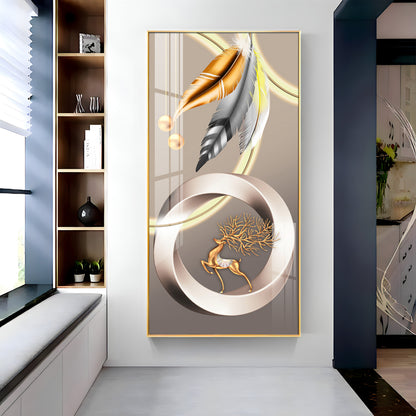 Deer With Gold & Silver Feather Premium Acrylic Vertical Wall Art