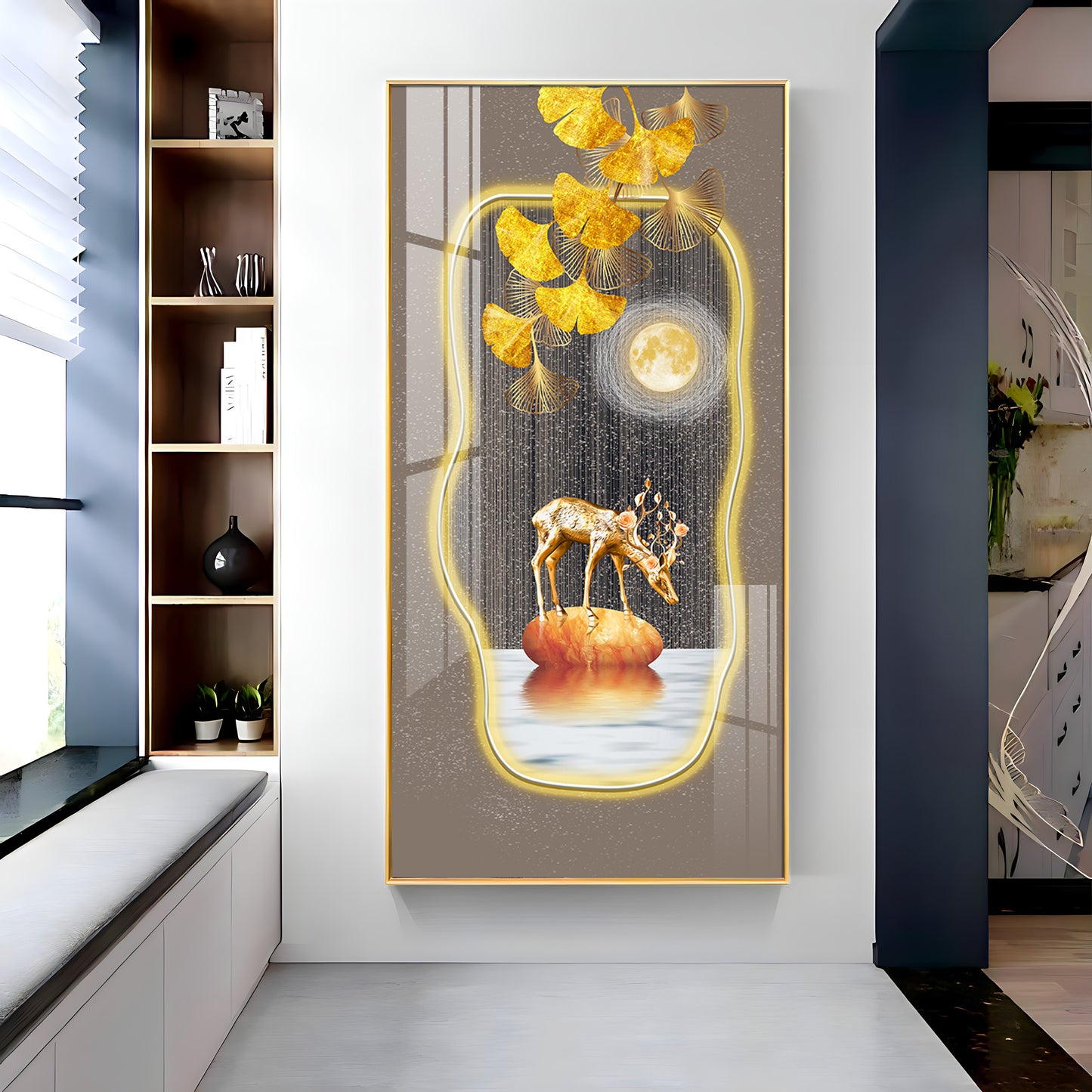 Golden Deer & Gingko Premium Acrylic Vertical Wall Art