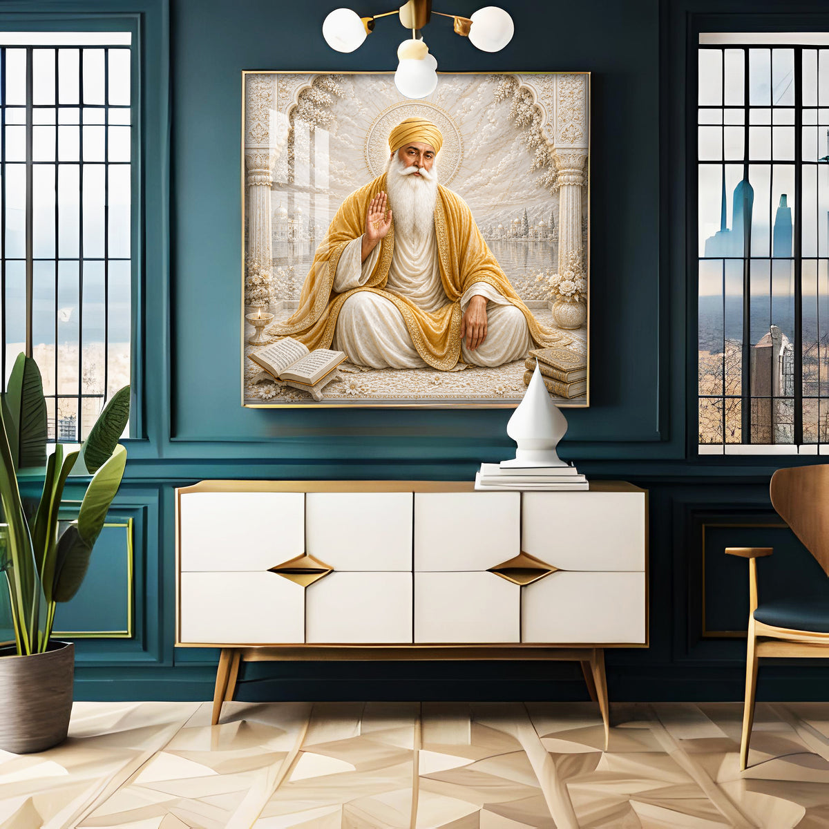 Guru Nanak Devji In Golden Shawl Premium Acrylic Square Wall Art